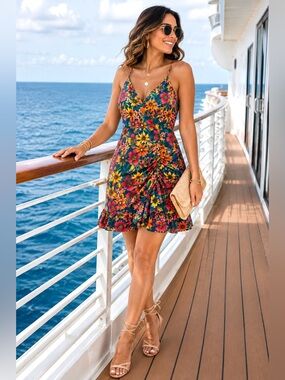SHEIN Blue Tropical Floral Cami Dress with Orange & Yellow Blooms